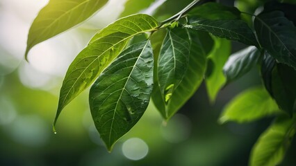 Vibrant green leaves with dew drops in soft focus background
