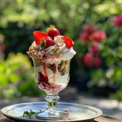 A parfait glass with strawberries, cream, and granola on a plate outside in a garden setting.