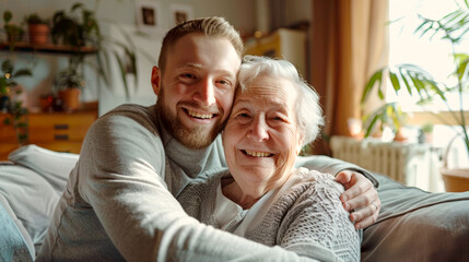 Adult son embracing elderly mother, sharing smiles and warmth at home.