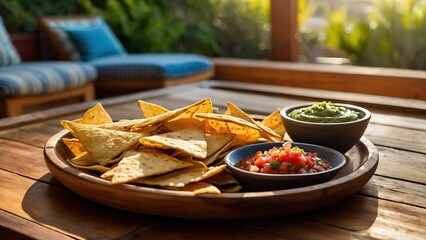 Crispy tortilla chips on a plate with fresh salsa on a garden table