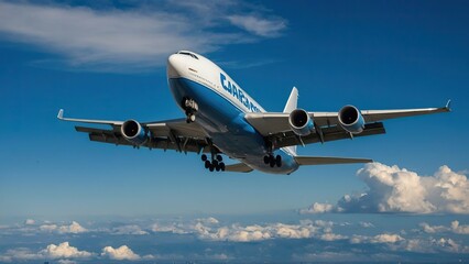 Commercial airplane flying in blue sky above clouds