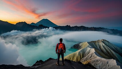 Backpack clad photographer capturing sunrise over a volcanic landscape - Powered by Adobe