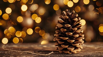   A pine cone atop a wooden table, background blessed with a soft bokeh of lights