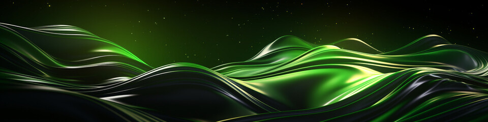 3D render Abstract background featuring deep green liquid waves and stars. Shiny metal texture of fluid wavy glossy surface. Swirls of thick black oil or silver metallic paint.