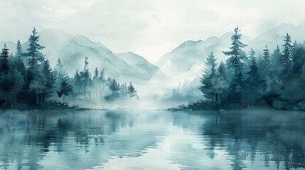 A tranquil scene painted in watercolor, featuring soft, blurring aqua tones that mimic the gentle flow of a serene river, blending seamlessly into the white of the canvas.