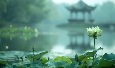 A blooming lotus in the lotus pond, with a blurred octagonal pavilion in the distance, Generative AI 