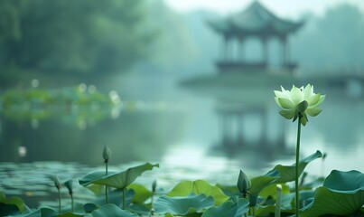 Fototapeta premium A blooming lotus in the lotus pond, with a blurred octagonal pavilion in the distance, Generative AI 