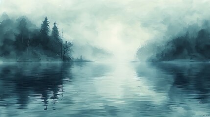A tranquil scene painted in watercolor, featuring soft, blurring aqua tones that mimic the gentle flow of a serene river, blending seamlessly into the white of the canvas.