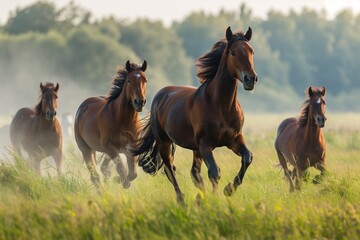 Wild horses running in the grass