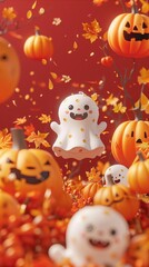 Cute cartoon ghosts and pumpkins on red background.