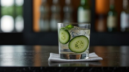 Chilled soju in a shot glass with cucumber on a bar counter