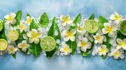   A horizontally arranged composition of limes, sliced limes, and flowers against a backdrop of...