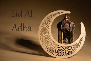 Eid al Adha, praying under the night sky with crescent moon, faith celebration