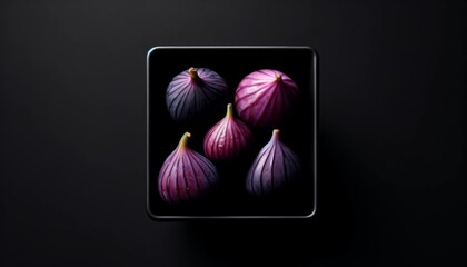 Close up of purple figs placed in black square bowl on a black background.
