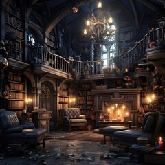 3D rendering of the interior of an old house in the night