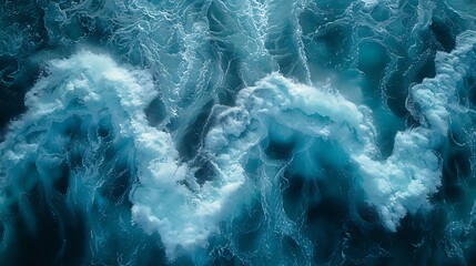 Abstract aerial view of an Arctic expanse, with ice textures forming geometric patterns in a palette of blues and greens, simulating the view from high above a frozen sea.