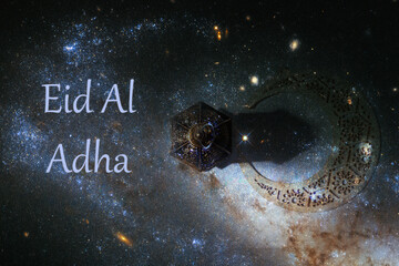 Eid al Adha, traditional Arabic lantern on the background of the star sky, Religious festival celebration, fasting and praying under the crescent moon,Element of the image provided by NASA