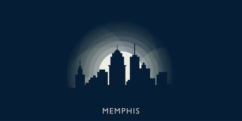 Memphis cityscape skyline city panorama vector flat modern banner illustration. USA, Tennessee state emblem idea with landmarks and building silhouettes at sunrise sunset night
