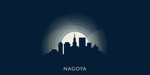 Nagoya cityscape skyline city panorama vector flat modern banner illustration. Japan metropolitan emblem idea with landmarks and building silhouettes at sunrise sunset night