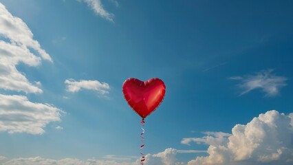 Fototapeta premium Red heart balloon against a sunny sky with clouds