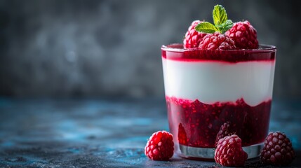   A blue table holds a glass filled with yogurt, topped with fresh raspberries Nearby, additional...