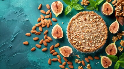 Obraz na płótnie Canvas A pie up-close on a table against a blue backdrop, adorned with figs, nuts, and leaves
