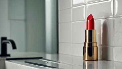 Red lipstick on white Bathroom background exuding elegance