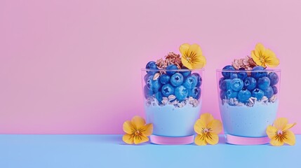   Two vases, one holding blueberries, the other flowers, atop a blue-pink tableau; background harmoniously blending blue and pink
