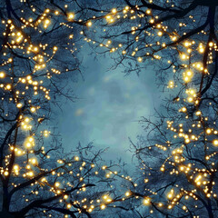 Beautiful fairy lights pattern with tree branches around the frame with blank center for background.