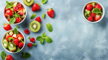   Two bowls, brimming with fruit, placed beside a few mint leaves atop a light blue table surface