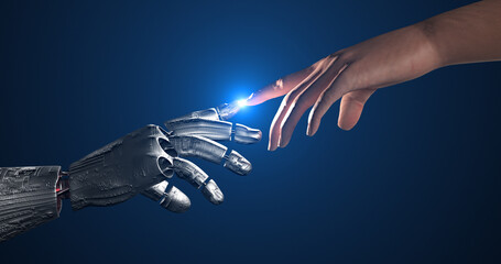 AI Robot and Human Fingers in Harmony. Virtual Bond. Shiny Laser Lights. Technology Related 3D Render.