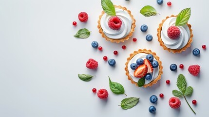   Three cupcakes, each topped with whipped cream and garnished with raspberries and blueberries Surrounded by a white surface and an assortment of leaves and