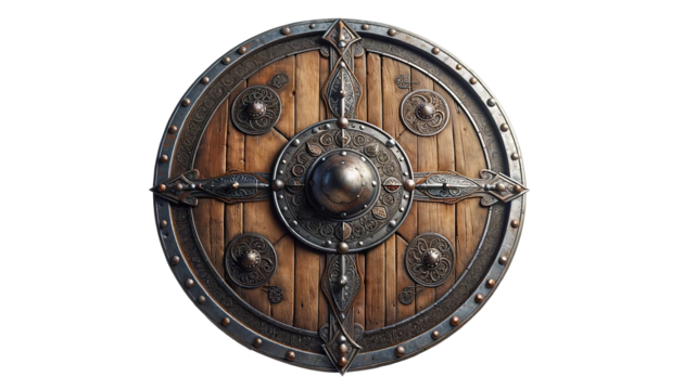 Medieval wooden shield isolated on white. Old viking wooden shield .
