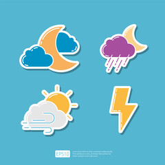Night Weather, Cloud Moon Night and Heavy Rain Drops, Wind Blow Flowing, Lightning Thunder. Weather Icons Collection Set Vector illustration
