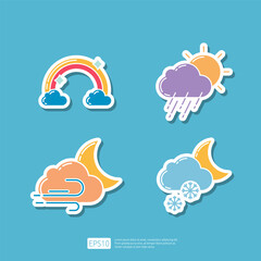 Rainbow, Cloud Sun and Heavy Rain Drops, Moon Night, Winter Snow and snowflake on Night. Weather Icons Collection Set Vector illustration