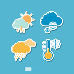 Lightning Cloud and Sun Rainy season, Winter Snow snowflake, Heavy Rain Forecast, Winter Temperature Thermometer. Weather Icons Collection Set Vector illustration