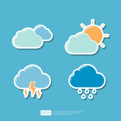 Cloudy, Sun Sunny Day, Rain Cloud Forecast, Lightning Rainy season. Weather Icons Collection Set Vector illustration