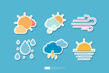 Night Weather, Cloud Moon Night and Heavy Rain Drops, Wind Blow Flowing, Sunrise Horizon and Sea Water. Weather Icons Collection Set Vector illustration