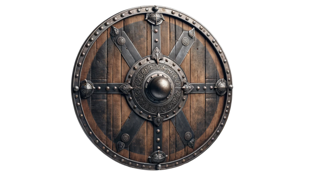 Medieval wooden shield isolated on white. Old viking wooden shield .
