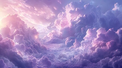 An artistic interpretation of a skyscape, where voluminous clouds in varying shades of lilac float in a harmonious composition, suggesting the softness of a watercolor painting.