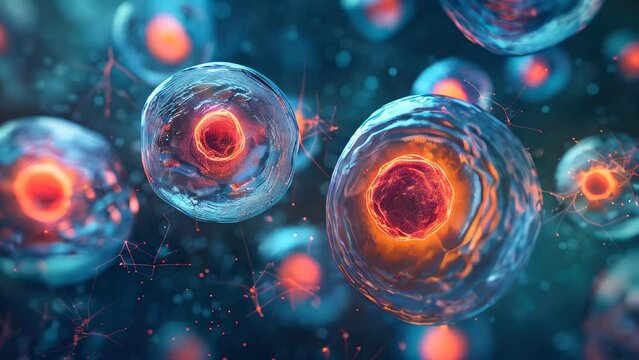 Slow motion video of Dynamic Cellular Division Illustration with Glowing Cores and Neural Connections