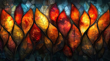An artistic interpretation of a stained glass window inspired by autumn, featuring leaves in topaz and amber hues, with light filtering through to create a warm, glowing effect.