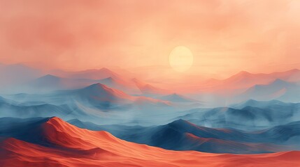 An artistic interpretation of desert dunes under a setting sun, where the sand glows in warm peach tones, creating a peaceful and tranquil atmosphere.
