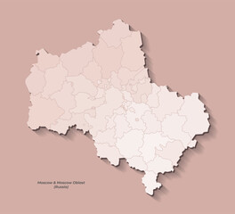 Vector simplified illustration with beige shape of Moscow oblast with capital Moscow map, federal subjects. Map with administrative division. Brown background