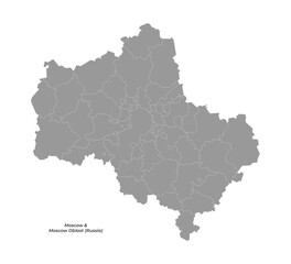 Vector isolated simplified illustration with gray shape of Moscow oblast with capital Moscow map, federal subjects. Map with administrative division. White background