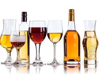 Elegant assortment of premium alcohol beverages and glassware on white background,showcasing the diversity and sophistication of fine liquors and