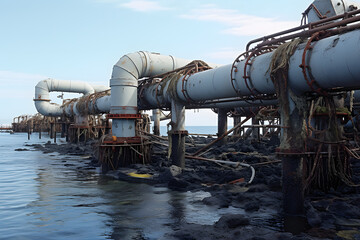 Submarine pipelines transporting oil and gas. The pipeline opens from sea level to the coast.