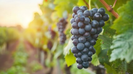   A vine laden with grapes, sun illuminating leaves..Vineyard scene: sun-kissed grapes dangle from vine, leaves aglow..