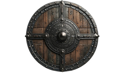 Medieval wooden shield isolated on white. Old viking wooden shield .
