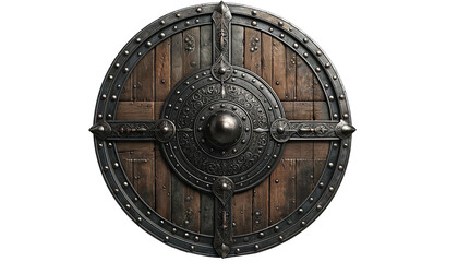 Naklejka premium Medieval wooden shield isolated on white. Old viking wooden shield . 